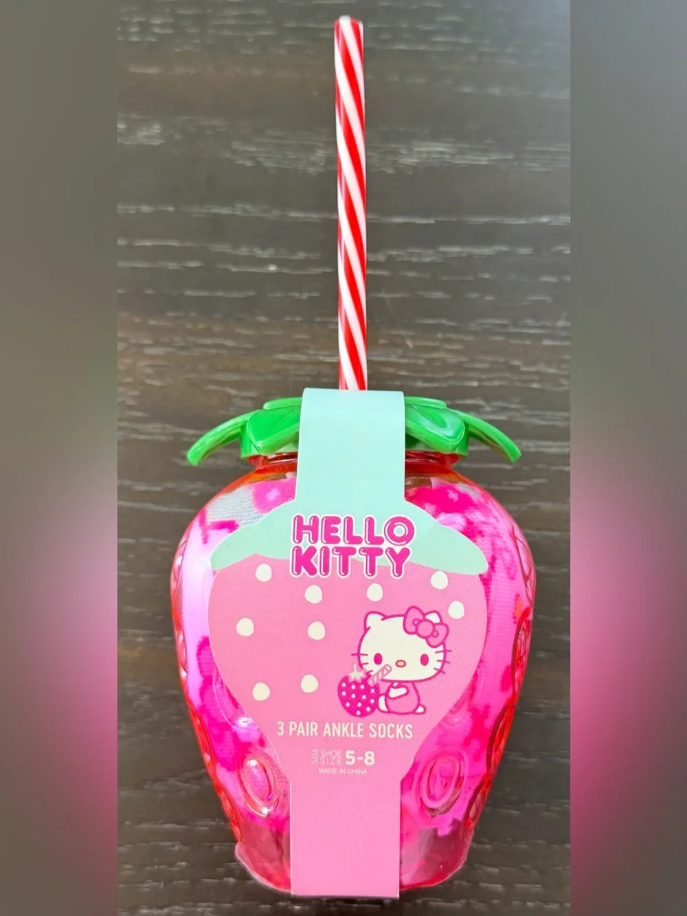 Hello Kitty Pink Strawberry Novelty Sock Set with Green Lid